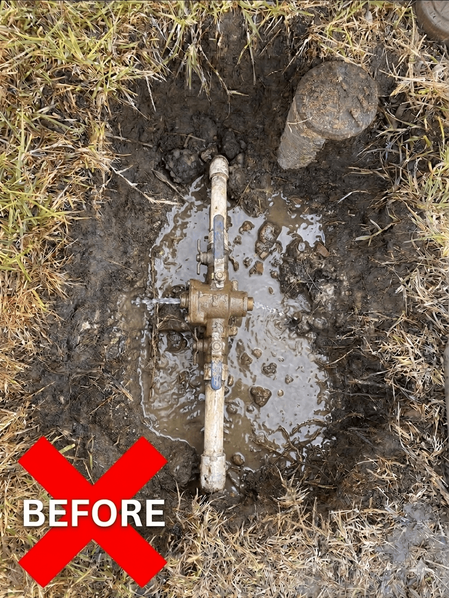 Corroded brass backflow preventer before replacement